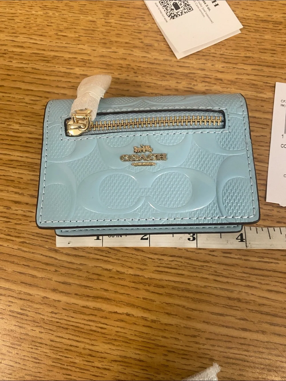 Coach Light Blue Embossed Signature Card Case with Gold Hardware